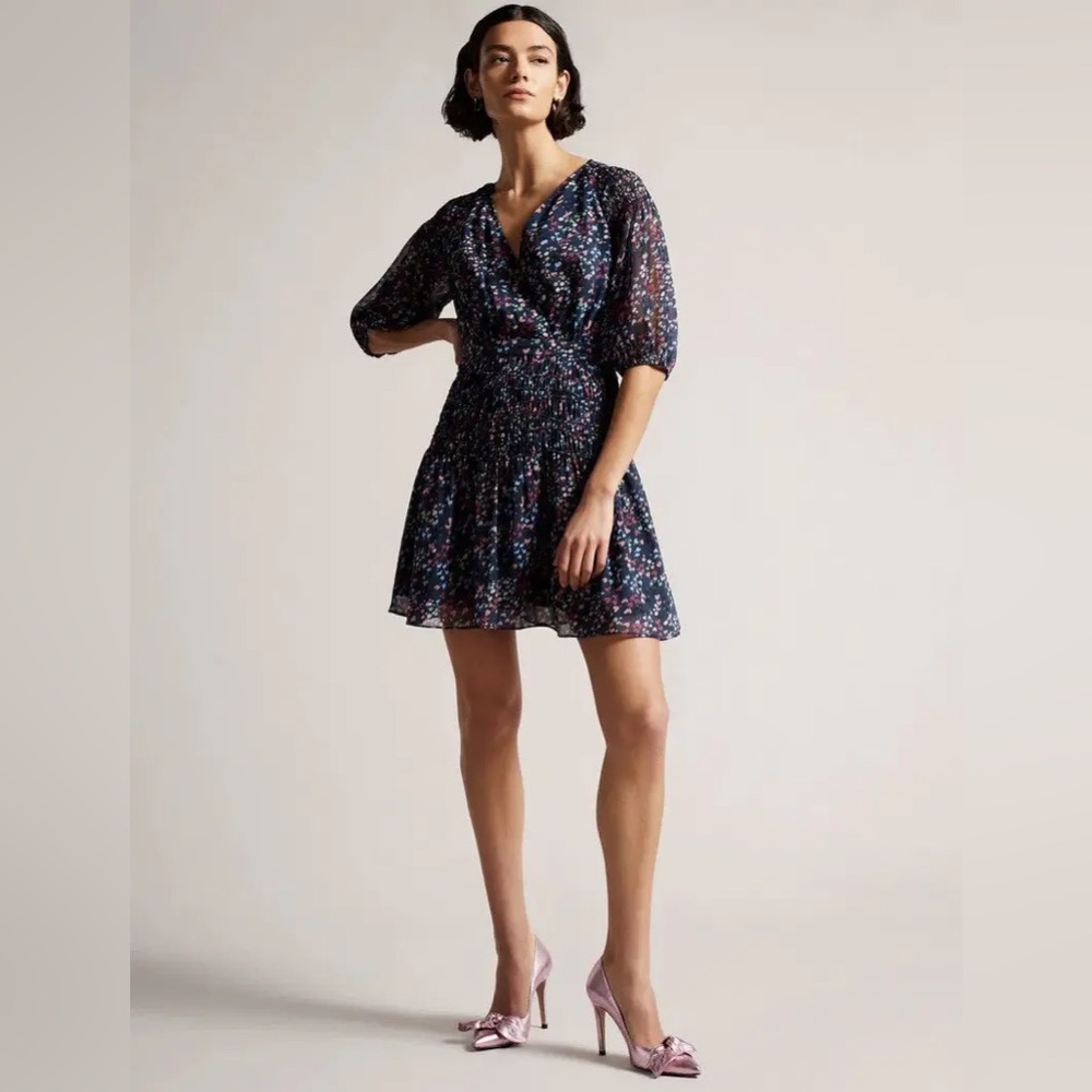 Ted Baker Mini Dress Womens Navy Casadee Smock Panel Wrap Size 2 Medium
